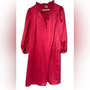 Anne Klein Vibrant Pink Peasant Boho Tie  Neck Tunic Silky Dress Sz8 Party